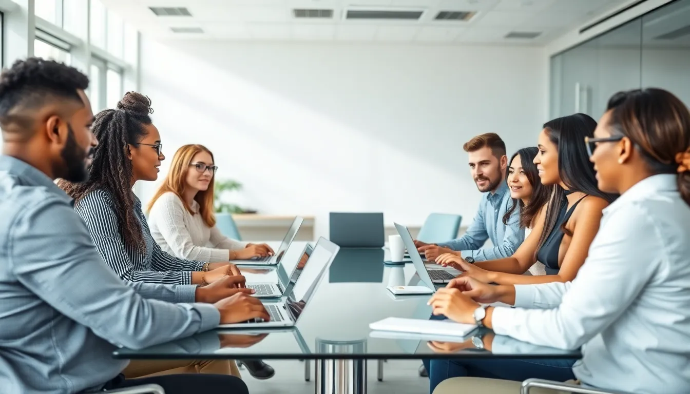 professionals discussing IP addresses at a modern conference table.