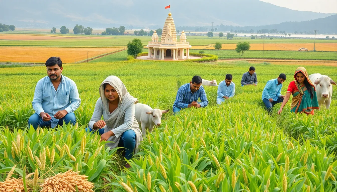 farmers working in lush fields, symbolizing agricultural fertility and community.