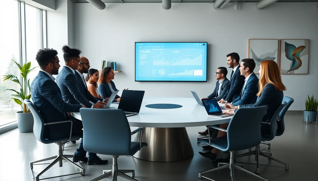 diverse team analyzing data in a modern office.