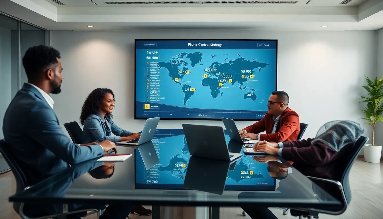 diverse professionals discussing phone number significance in a modern office.